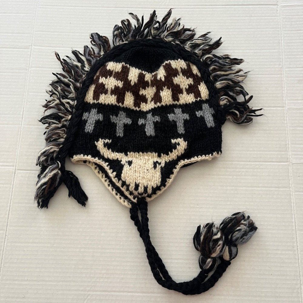 D & Y Unisex Mohawk 100% Wool Trapper Knit Hat OS Ear Flap Tassel Bull Cross Ski